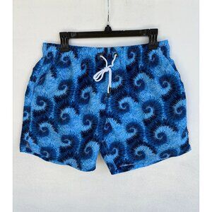 Bonni Beemers Mens Large Blue Tie-Dye Swim Shorts With Elastic Waist & Drawstrin